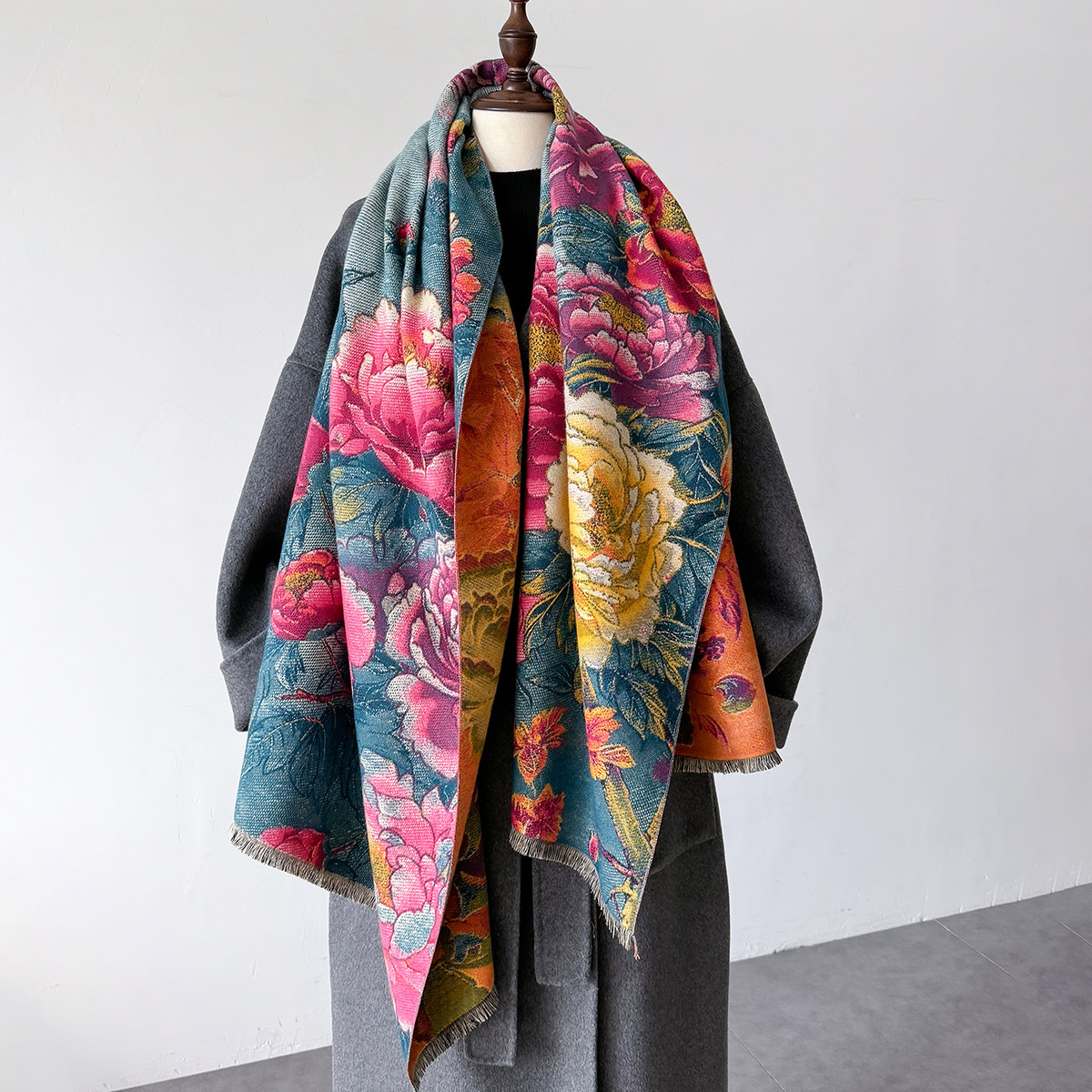 Cashmere Pashmina Wrap - Warm Cashmere Scarf Women Shawl Floral