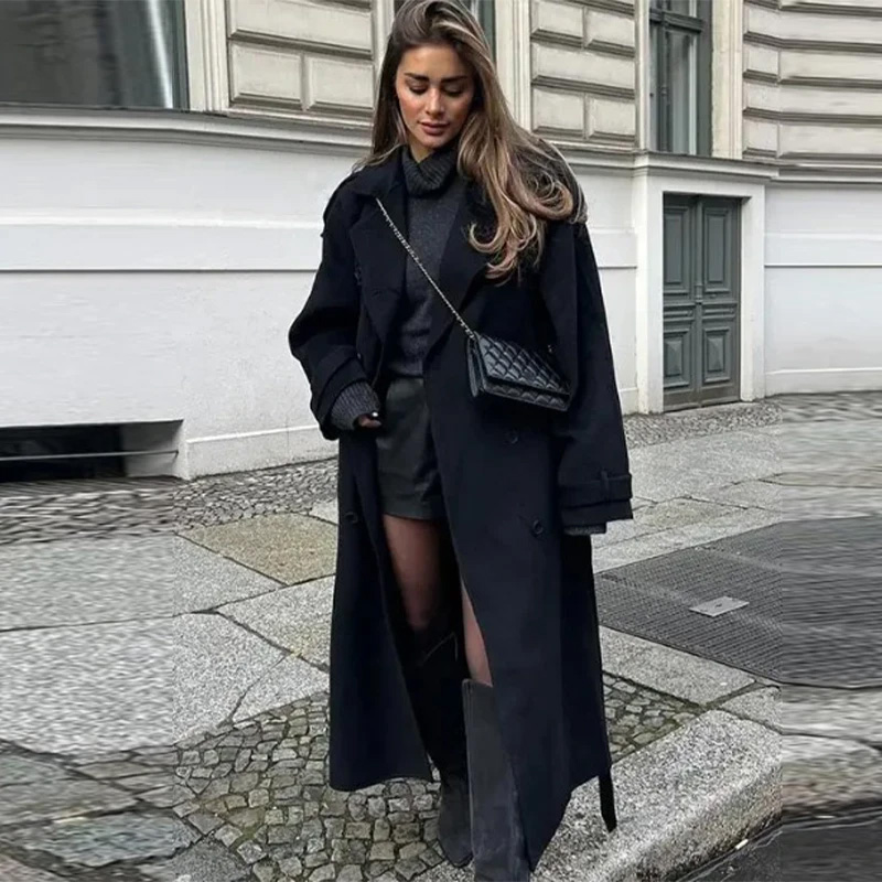 Elegant Grey Belt Long Faux Wo - Wool Coat Peacoat recension och pris
