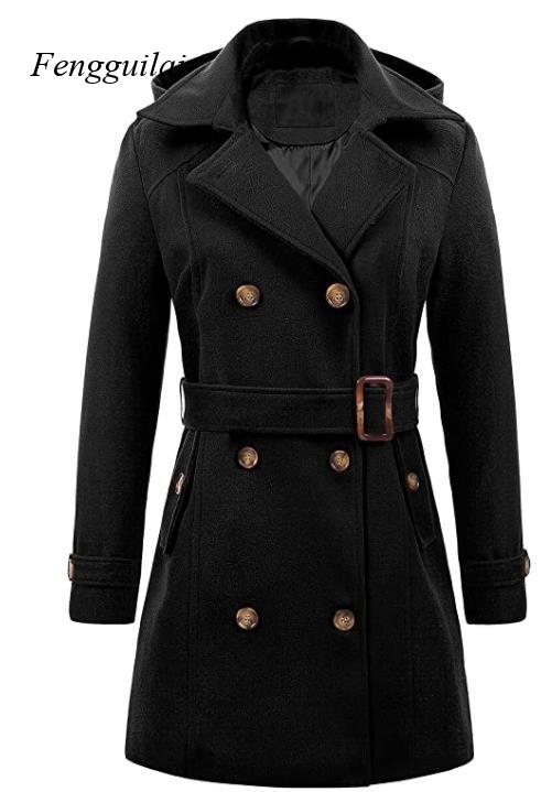 Women's Black Hooded Double Br - Wool Coat Peacoat recension och pris
